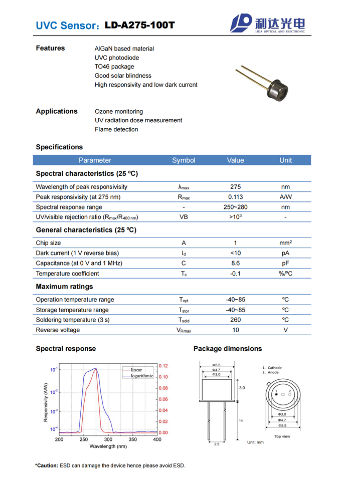 AlGaN日盲系列紫外探测器 LD-A275-100T