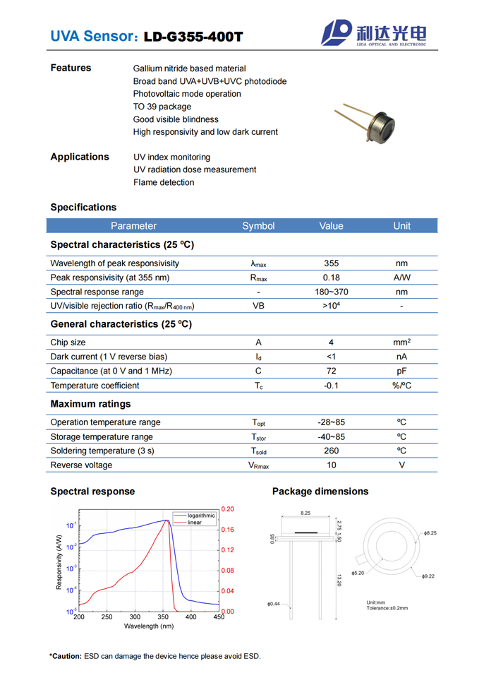 GaN系列紫外探测器 LD-G355-400T