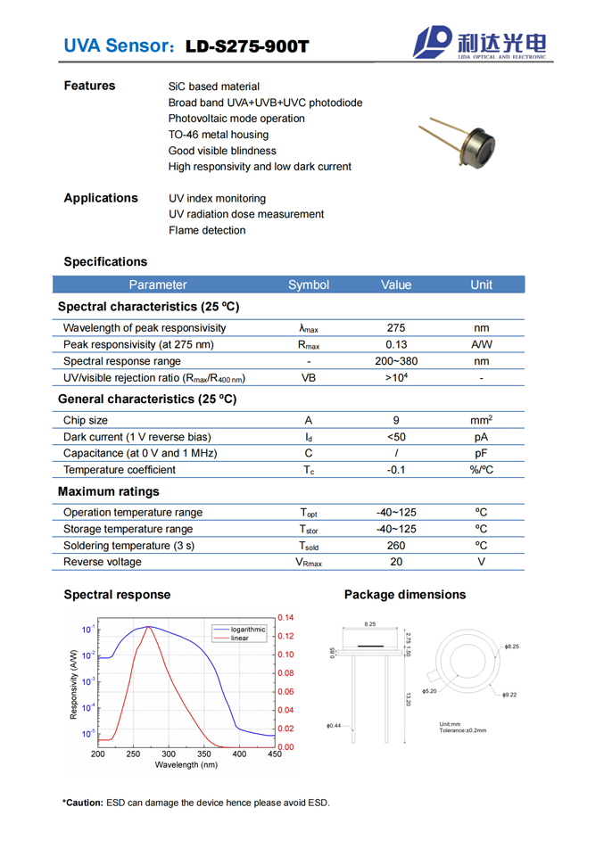 SiC series UVA sensor LD-S275-900T